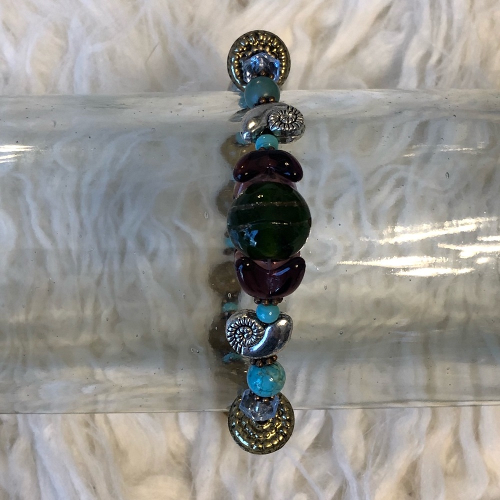 Artisan made Stretch Genuine Turquoise ,silver, and Vintage Bead bracelet (M-L)